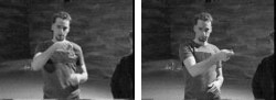 Esim. 4a. Épéen viittomanimi MIEKKA, missä käsi liikkuu suoraan eteen ranteen kiertyessä lievästi ulospäin (Juho ja NRO, Kuurojen videotiedote 8/1998). Kaksi mustavalkoista kuvaa rinnakkain joissa mies jolla parta ja t-paita päällä pitää kättä edessään ja tekee eräänlaisen vääntöliikkeen kuin ovenkahvaa vääntäessä.